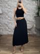Pleated Straw Belt Maxi Skirt-30306/Black