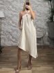 Asymmetrical GoldPin HalterNeck Midi Dress-19630/Ecru