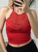 Ribbed Lace Halter Top/Red