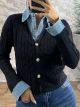 Knitted Denim Details Top/Black