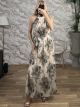 Muslin Floral SilverThread HalterNeck Maxi Dress/Khaki