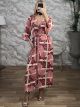 Silk Semizie GoldPrint Maxi Dress-567/Burgundy&Pink