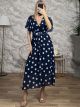 C-Through Sleeves Polka Dot Midi Dress/Navy Blue