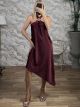 Asymmetrical GoldPin HalterNeck Midi Dress-19630/Burgundy