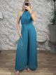 Muslin HalterNeck Pleated GoldBelt Jumpsuit/Petrol