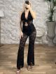 Lace HalterNeck Top& Pants Set-7837/Black