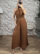 Muslin HalterNeck Pleated GoldBelt Jumpsuit/Camel