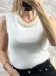 Sleeveless Pearls Pads Top/White