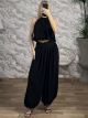 Balloon HalterNeck Top&Pants Set-10822/Black