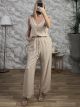 Cotton WoodenButton Jumpsuit-2666/Beige
