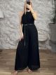 Muslin HalterNeck Pleated GoldBelt Jumpsuit/Black