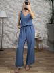 Cotton WoodenButton Jumpsuit-2666/Ciel