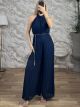Muslin HalterNeck Pleated GoldBelt Jumpsuit/Navy Blue