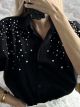 Pearled PuffedSleeves Cotton Shirt/Black