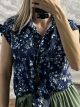 Ruffle Sleeves Floral Knot Shirt/Navy Blue