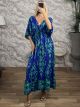 ShortSleeves Silk Maxi Dress-2632/Blue&Green