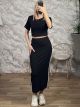Ribbed Stripes Skirt Set-11914/Black