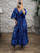 ShortSleeves Silk Maxi Dress-2632/Blue&Ciel