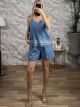 Embroidered Soft Denim Shorts Set-1117/Light Blue