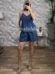Embroidered Soft Denim Shorts Set-1117/Dark Blue