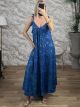 Boho Silk TiedStraps & Gold Print Maxi Dress-6262/Royal Blue