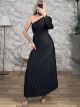 OneSleeve Pleated Maxi Dress/Black