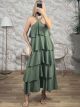 Halter Neck Ruffled Maxi Dress/Khaki