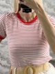 Ripped ShortSleeves Striped Top-8233/Red