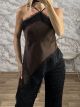 Satin Asymmetrical Lace Lingerie Top-9202/Chocolat
