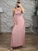 Pleated Satin HalterNeck Maxi Dress/Pink