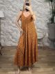 Boho Silk TiedStraps & Gold Print Maxi Dress-6262/Mustard