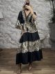 SoftDenim & GoldPrint Embroidered Maxi Dress-26014/Black