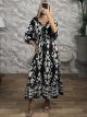 ShortSleeves Silk Maxi Dress-2632/Black&White