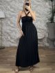 Pleated Satin HalterNeck Maxi Dress/Black