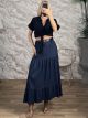 DoubleRuffled SoftDenim Belt Maxi Skirt-2747/Navy Blue