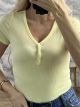 Elastic Ribbed ShortSleeeve Buttton Top/Yellow