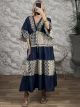 SoftDenim & GoldPrint Embroidered Maxi Dress-26014/Navy Blue
