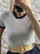 Ripped ShortSleeves Striped Top-8233/Navy Blue
