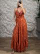 Silk Boho GoldPrints Maxi Dress-8126/Orange