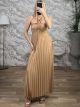 Pleated Satin HalterNeck Maxi Dress/Gold