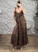 Boho Silk TiedStraps & Gold Print Maxi Dress-6262/Chocolat