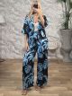 Soft Satin SHORT Kimono&Pants Set/Black&Ciel