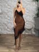 Satin Asymmetrical Lace Midi Dress-9215/Camel