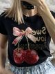 Cherries&Bow Cotton T-Shirt/Black-Red Bow