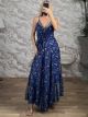 Silk Boho GoldPrints Maxi Dress-8126/Navy Blue