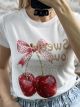 Cherries&Bow Cotton T-Shirt/White-Fuchsia Bow