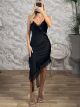 Satin Asymmetrical Lace Midi Dress-9215/Black