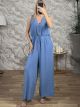 Viscose WoodenButtons Jumpsuit-26219/Ciel