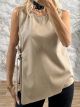 Sleeveless Leather Bow Top/Beige