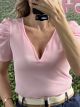 Puffed Sleeves Rip Top/Pink